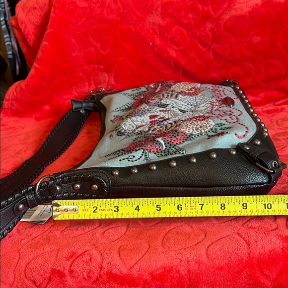 Ed Hardy Light Blue and Black Embroidered Skull & Rose Shoulder Bag - Picture 9 of 12